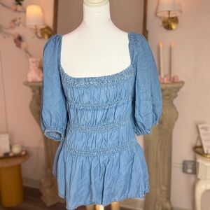 Elegant Denim Blue Smocked Blouse